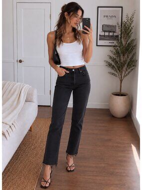 RE/DONE 70s High Rise Stove Pipe Jeans 25 Black Raw Hem $265